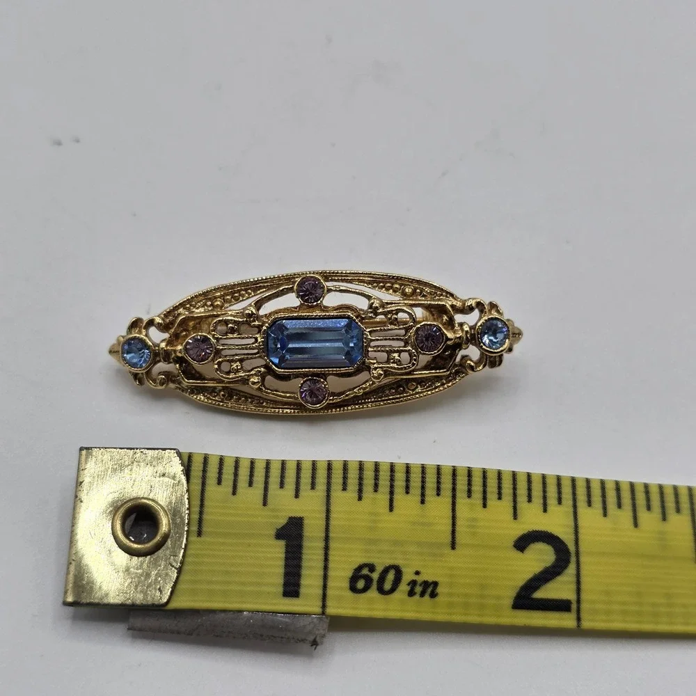Vintage Gold Tone Filigree Bar Brooch Blue Emerald Cut Crystal Pink Rhinestone